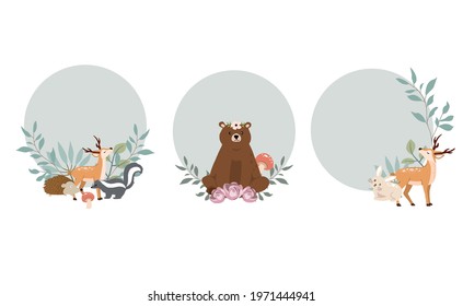 Cute woodland object collection with skunk,bear,fox,deer,frame and leaves.Vector illustration for icon,sticker,printable