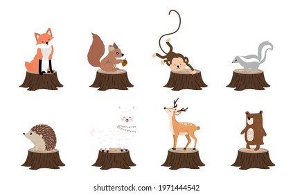 Cute woodland object collection with skunk,bear,fox,deer,stump and leaves.Vector illustration for icon,sticker,printable