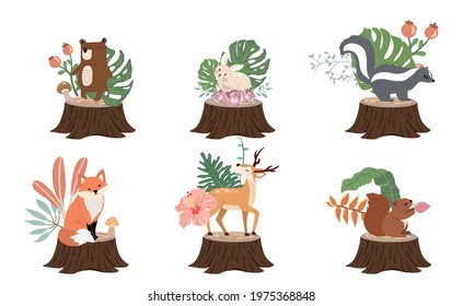 Cute woodland object collection with skunk,bear,fox,deer,stump and leaves.Vector illustration for icon,sticker,printable