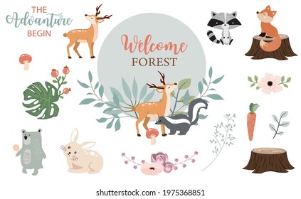 Cute woodland object collection with skunk,bear,fox,deer,stump and leaves.Vector illustration for icon,sticker,printable