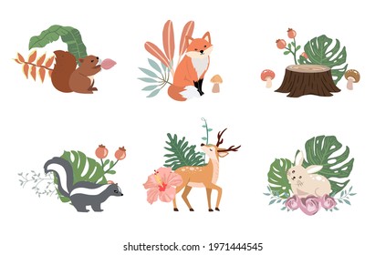 Cute woodland object collection with skunk,rabbit,fox,deer,stump and leaves.Vector illustration for icon,sticker,printable