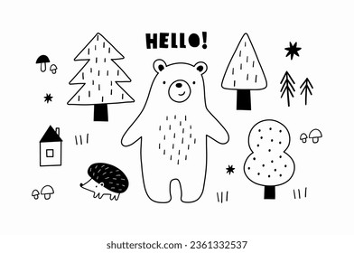 Cute woodland outline vector illustration. Cartoon bear, tree, hedgehog - illustration in doodle style.