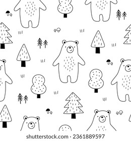 Cute woodland outline vector illustration. Cartoon bear, tree - seamless pattern in doodle style.