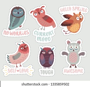 Cute Woodland owls. Funny characters with different mood. Vector illustration.