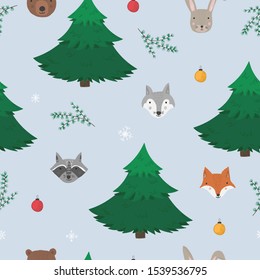 Cute woodland seamless pattern with cartoon forest animals, fir trees and snowflakes. Funny hand drawn bear, fox,wolf and raccoon texture for kids design, wallpaper, textile, wrapping paper