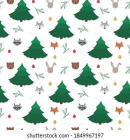 Cute woodland seamless pattern with cartoon forest animals, fir trees and snowflakes. Funny hand drawn bear, fox,wolf and raccoon texture for kids design, wallpaper, textile, wrapping paper