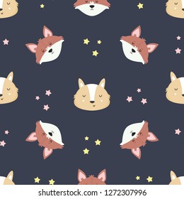 Cute woodland seamless pattern with hand drawn foxes