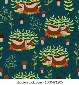 Cute woodland seamless pattern with sleeping squirrels, mushrooms, plants and leaf. Childish cartoon style. For nursery. Autumn. Vector illustration.