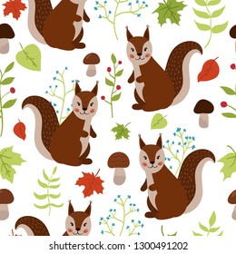 Cute woodland seamless pattern with squirrels, mushrooms, plants and leaf. Cartoon style. For nursery. Vector illustration.