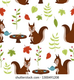 Cute woodland seamless pattern with squirrels, teapot, cups, leaf and plants. Childish cartoon style. For nursery. Tea time. Vector illustration.