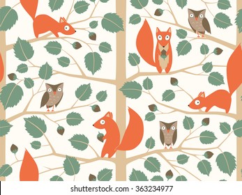 Cute woodland seamless pattern with squirrels and owls in childish cartoon style. Vector illustration can be used for wallpaper, pattern fills, web page background, print on fabric or paper.