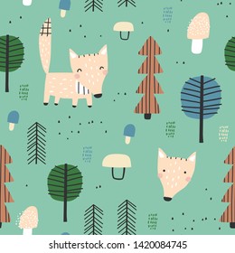Cute woodland seamless pattern with wolf and trees. Vector illustration. Scandinavian style. Creative hand drawn background