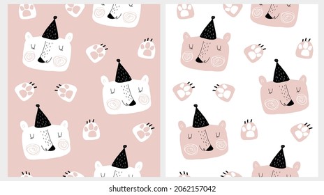 Cute Woodland Seamless Vector Patterns with Big Happy Bear in a Black Party Hat ideal for Fabric, Textile, Wrapping Paper. Funny Bear and Paws Isolated on a Pastel Pink and White Background. 