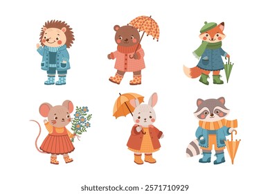 Cute woodland spring characters collection. Forest animals - mouse, bear, rabbit, raccoon, hedgehog, fox. Set of vector illustrations.