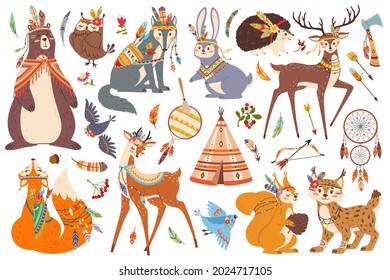 Cute woodland tribal animals, boho tribe forest animal. Fox, owl, wolf, bear, deer characters with american indian ethnic elements vector set. Floral and leather folk decoration, fauna