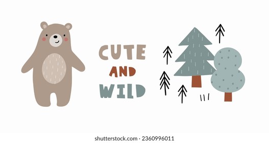 Cute woodland vector illustration. Cartoon bear, snail, tree, hedgehog - illustration in flat style