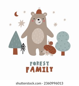 Cute woodland vector illustration. Cartoon bear, snail, tree, hedgehog - illustration in flat style