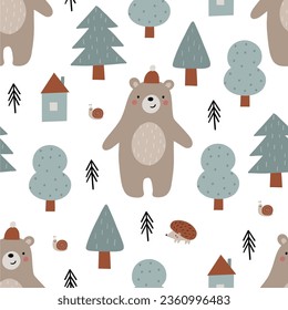 Cute woodland vector illustration. Cartoon bear, snail, tree, hedgehog - seamless pattern in flat style