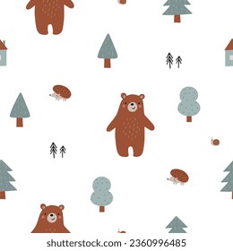 Cute woodland vector illustration. Cartoon bear, snail, tree, hedgehog - seamless pattern in flat style