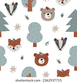 Cute woodland vector illustration. Cartoon bear, fox, badger, tree in forest - seamless pattern in flat style