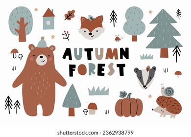 Cute woodland vector illustration. Cartoon bear, fox, hedgehog, badger, tree in forest- print in flat style