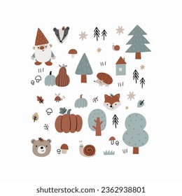 Cute woodland vector illustration. Cartoon bear, fox, hedgehog, badger, tree in forest- print in flat style