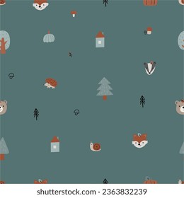 Cute woodland vector illustration. Cartoon bear, fox, badger, tree in forest - seamless pattern in flat style