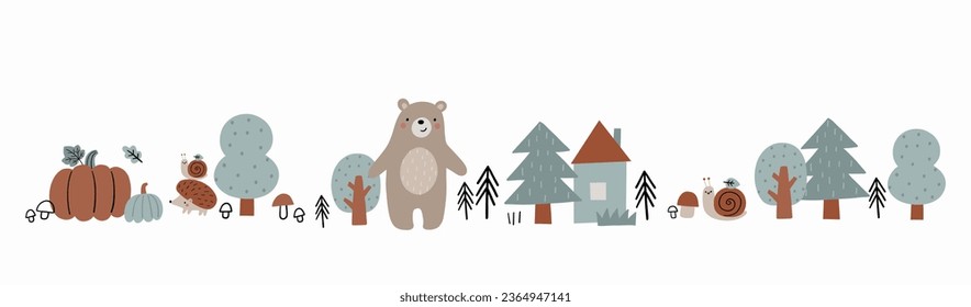 Cute woodland vector outline illustration. Cartoon bear, fox, hedgehog, badger, tree in forest- print in doodle style