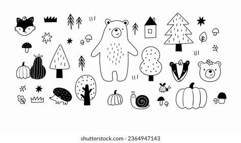 Cute woodland vector outline illustration. Cartoon bear, fox, hedgehog, badger, tree in forest- print in doodle style