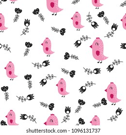 Cute woodland vector pattern background. Seamless design with birds and hand drawn flowers in scandinavian style. Can be used print for t-shirts, home decor, cards, posters for baby room or bedroom.