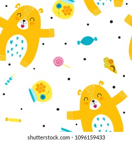 Cute woodland vector pattern background. Seamless design with bears and hand drawn sweets  . Can be used print for t-shirts, home decor, cards, posters for baby room or bedroom.