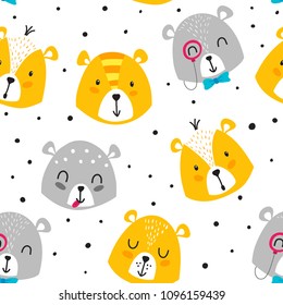 Cute woodland vector pattern background. Seamless design with bear heads. Can be used print for t-shirts, home decor, cards, posters for baby room or bedroom. Baby, kids illustration.