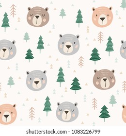 Patrón vectorial de los bosques. Diseño tribal sin fisuras con cabezas de oso y árboles dibujados a mano al estilo escandinavo. Niño, ilustración infantil.