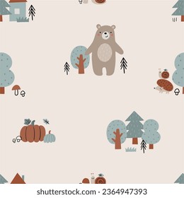 Cute woodland vector seamless pattern. Cartoon bear, fox, hedgehog, badger, tree in forest- print in flat style