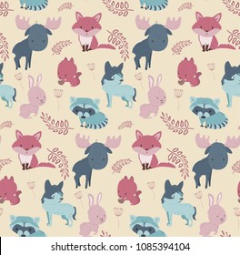 Cute woodland wild animals seamless pattern fox, squirrel, raccoon, rabbit, wolf, elk. Cartoon vector illustration