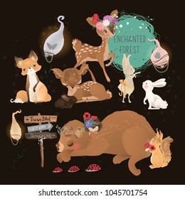 Cute woodlands fairytale, forest animals set. Fox, deers (fawns), bunnies (rabbits), bear, hedgehog, ladybug crossing and squirrel with floral, flowers bouquet, wreath and whimsical lamps and sign