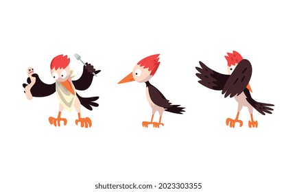 Cute Woodpecker Bird Set, Woodland Bright Woodpecker Cardinal Bird Cartoon Vector Illustration