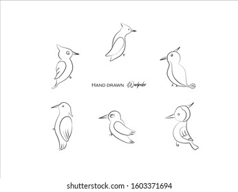 cute woodpecker hand drawn icon vector set line art, Doodle Cartoon Animals in black and white style, Perfect for invitations,greeting cards, prints, posters