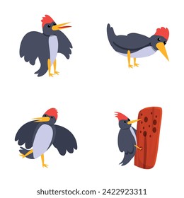 Cute woodpecker icons set cartoon vector. Funny colorful woodpecker bird. Cartoon character