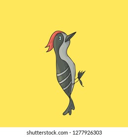 Cute woodpecker  illustrated vector cartoon character. Isolated on yellow background.