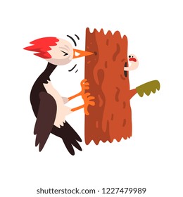 Cute woodpecker sitting on a tree and knocking, funny bird cartoon character vector Illustration on a white background