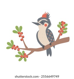 Cute woodpecker sitting on tree branch. Cartoon character isolated on white background.