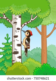 Cute woodpecker sitting on a tree and knocks. Bird in the forest in a cartoon style. Vector illustration.