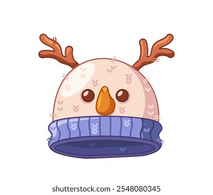 Cute woolen hat with funny Christmas mascot design decorated twig horns, carrot nose and coal eyes