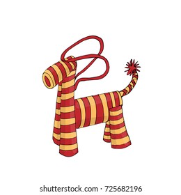 Cute woolen horse toy, Christmas present. Colored vector illustration on white background