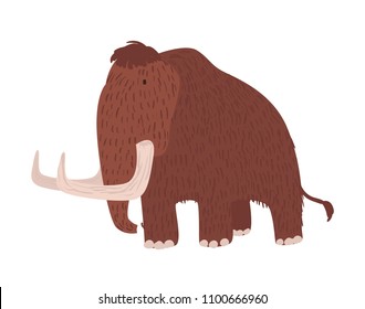 Cute woolly mammoth isolated on white background. Gorgeous extinct animal, giant prehistoric creature, herbivorous mammal with brown wool, trunk and tusks. Flat cartoon colorful vector illustration