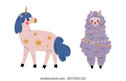 Cute Wooly Llama and Unicorn as Adorable Fairy Animal Vector Set