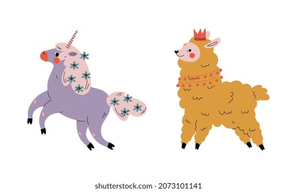 Cute Wooly Llama and Unicorn as Adorable Fairy Animal Vector Set