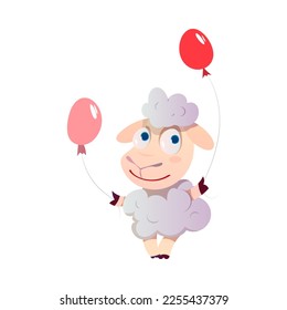 Cute Wooly Sheep Greeting with Birthday Holding Balloons Vector Illustration