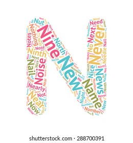 Cute Word Cloud ABC Letters - Series, all the letters from the alphabet, formed by words starting with that letter. N